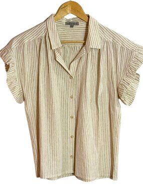 Wishlist Apparel Cotton Linen Striped Ruffle Sleeve Button Down Blouse Size L